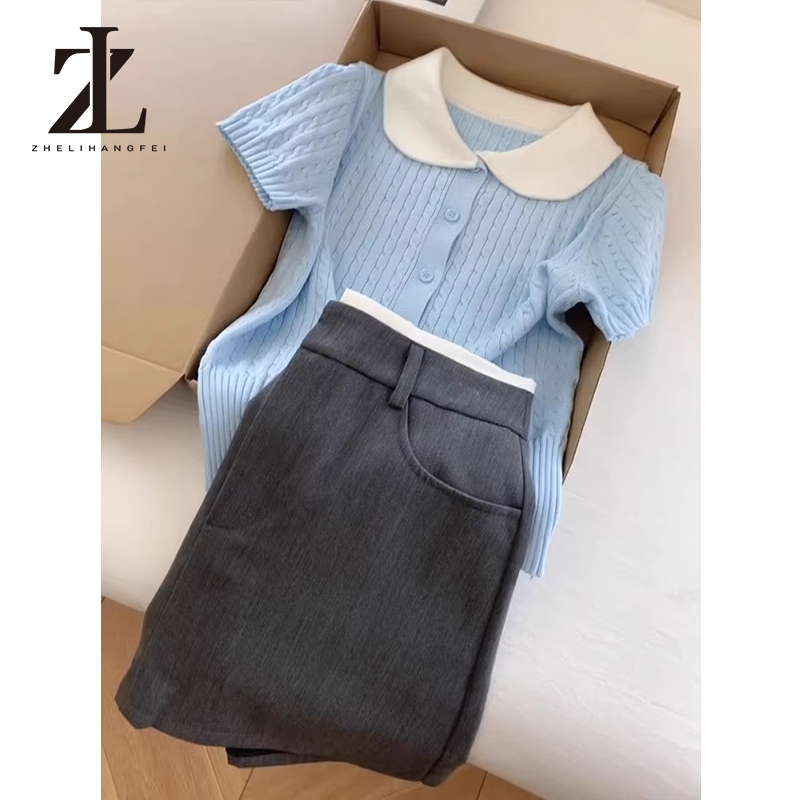 ZHELIHANGFEI Áo thun ngắn tay dệt kim K cổ búp bê xoắn sang trọng chính hãng Shout | BigBuy360 - bigbuy360.vn