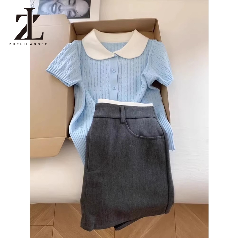 ZHELIHANGFEI Áo thun ngắn tay dệt kim K cổ búp bê xoắn sang trọng chính hãng Shout | BigBuy360 - bigbuy360.vn