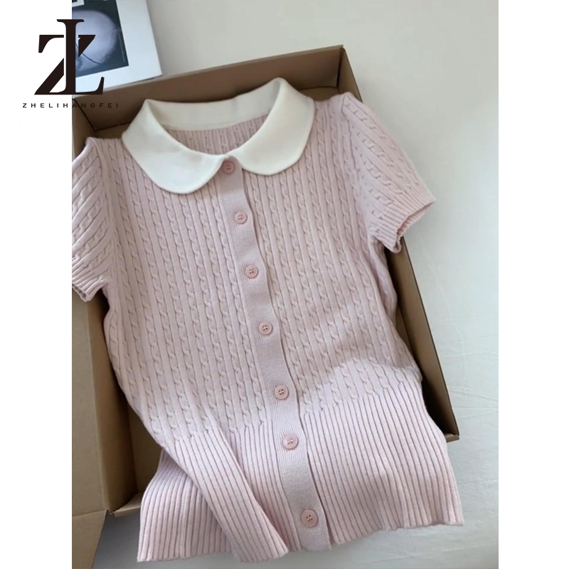 ZHELIHANGFEI Áo thun ngắn tay dệt kim K cổ búp bê xoắn sang trọng chính hãng Shout | BigBuy360 - bigbuy360.vn