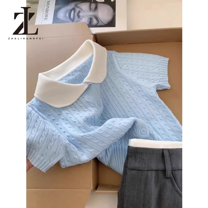 ZHELIHANGFEI Áo thun ngắn tay dệt kim K cổ búp bê xoắn sang trọng chính hãng Shout | BigBuy360 - bigbuy360.vn