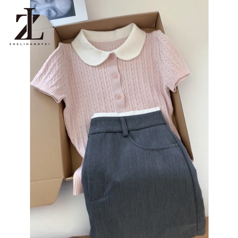 ZHELIHANGFEI Áo thun ngắn tay dệt kim K cổ búp bê xoắn sang trọng chính hãng Shout | BigBuy360 - bigbuy360.vn