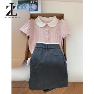 ZHELIHANGFEI Áo thun ngắn tay dệt kim K cổ búp bê xoắn sang trọng chính hãng Shout