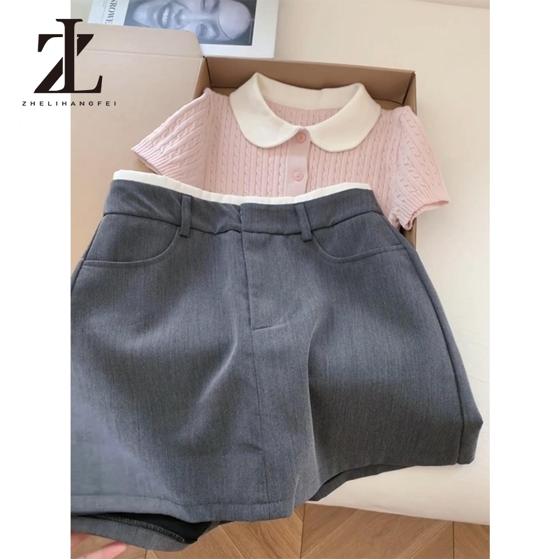 ZHELIHANGFEI Áo thun ngắn tay dệt kim K cổ búp bê xoắn sang trọng chính hãng Shout | BigBuy360 - bigbuy360.vn