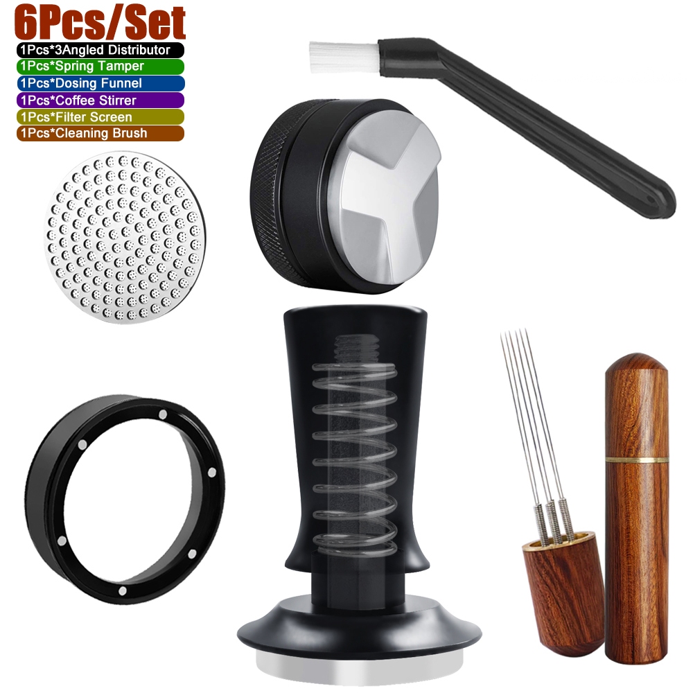 5 Cái, / 6 Cái Tam Giác Cà Phê Mùa Xuân 51 / 53 / 58mm, Nhà Phân Phối 3 Chiều, Dụng Cụ Tam Giác Espresso Với Dụng Cụ Khuấy, Màn Hình Lọc, Phễu Định Lượng, Bàn Chải Làm Sạch, Nhà Phân Phối