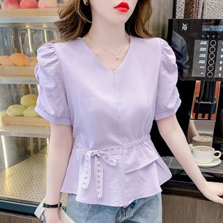 Áo kiểu cổ chữ V tay phồng thanh lịch Hàn Quốc Baggy có nơ ren Áo màu tím trơn hợp thời trang dành cho nữ