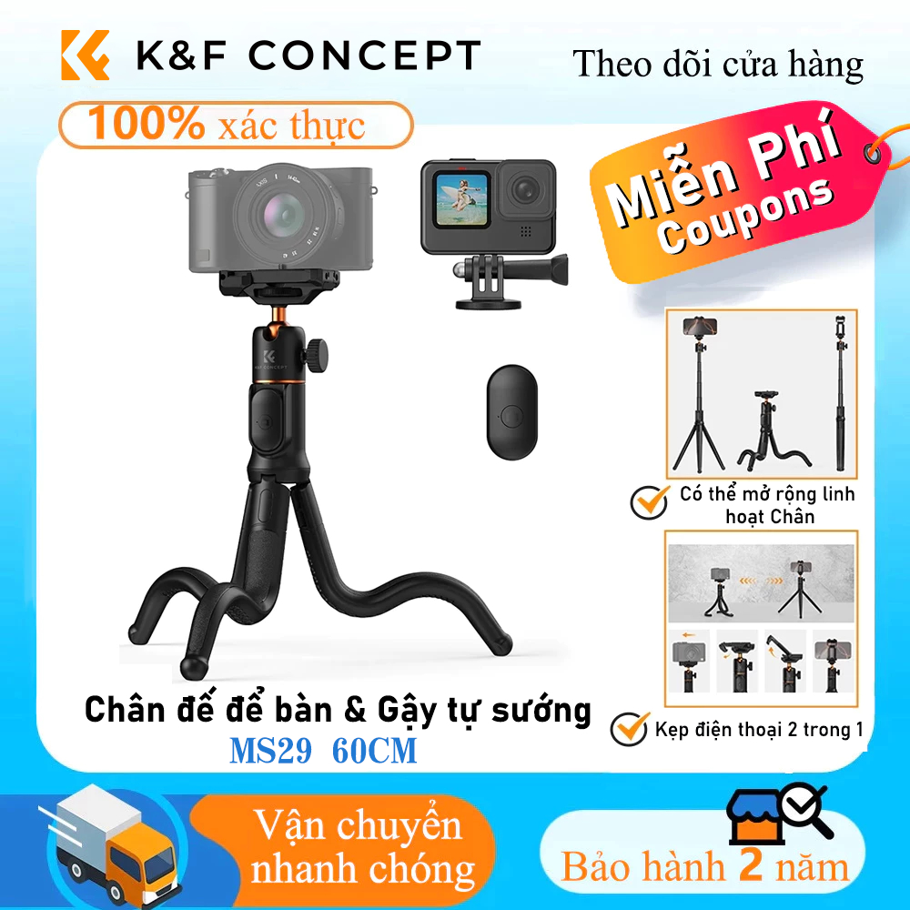 K&F CONCEPT Octopus Tripod -Chân máy Bluetooth linh hoạt có thể mở rộng 2 trong 1 Kẹp điện thoại