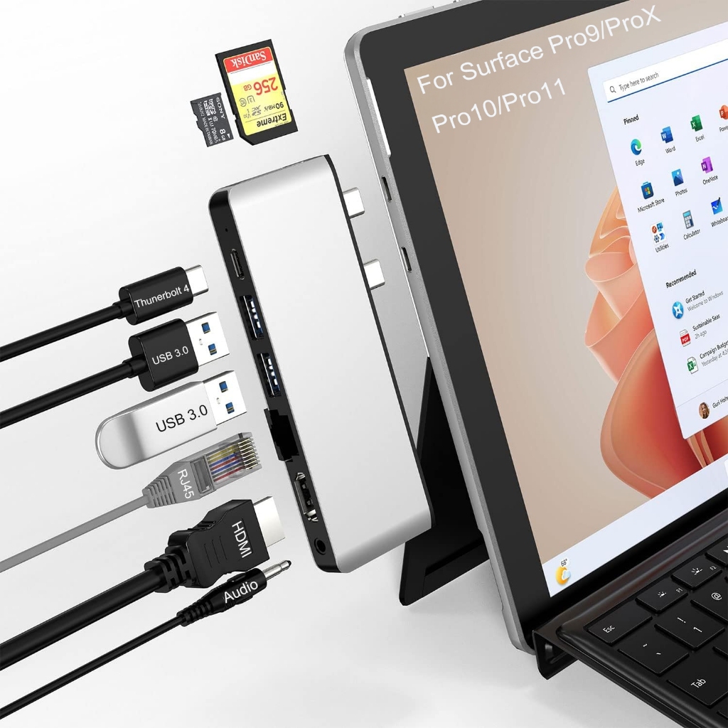 Surface Pro 9/10/11 Hub Docking Station với 4K HDMI USB-C adapter RJ45 cho surface Pro 11/10/9/X
