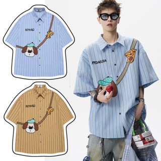 MoveDing Mỹ Retro Vui Dây Đeo Hoạt Hình Thêu Sọc Áo Sơ Mi Nam Rời Mùa Hè Áo Sơ Mi