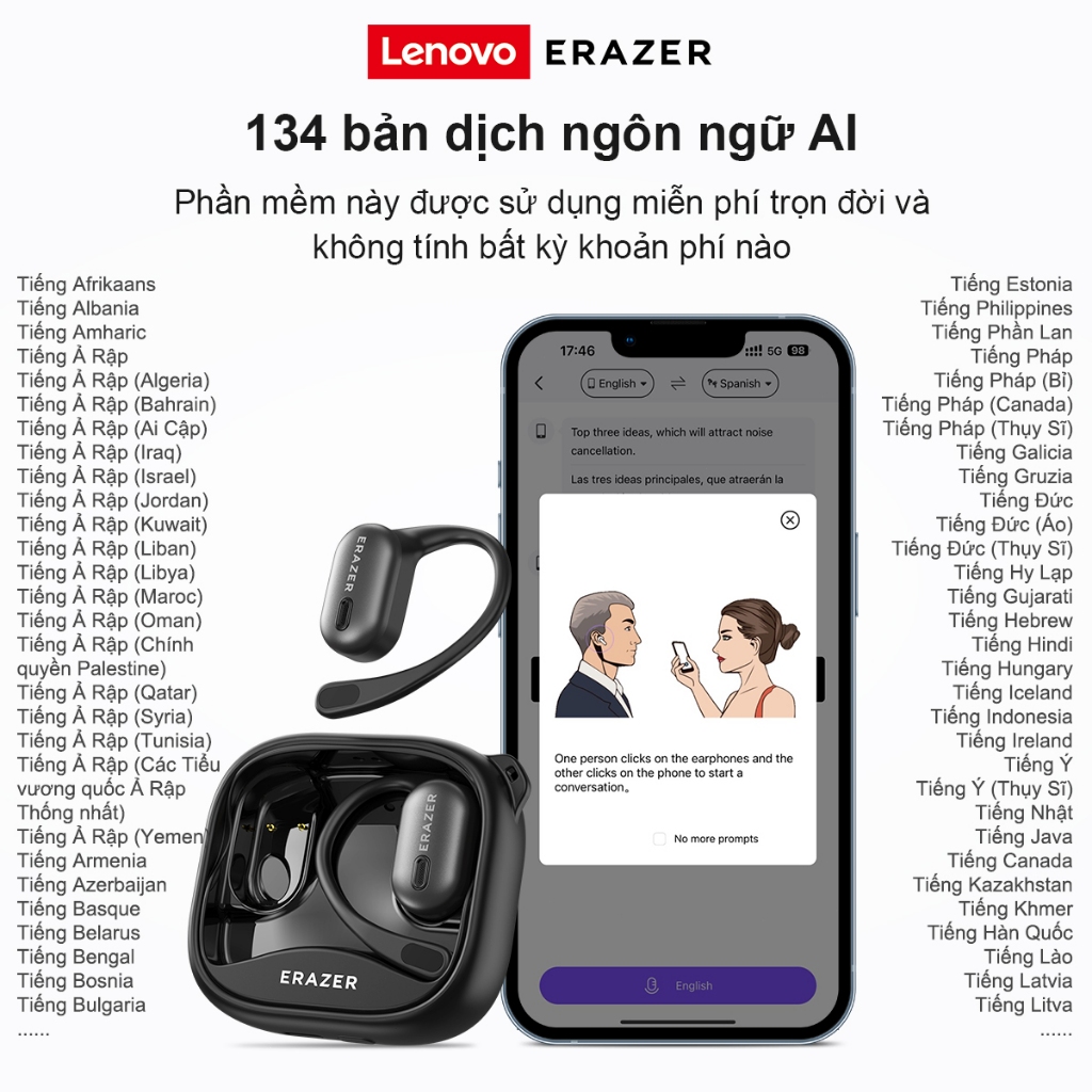 Tai nghe dịch thuật Lenovo ERAZER XF38 AI Tai nghe không dây LED Bluetooth 5.4 AI Tai nghe dịch thuật thời gian thực IPX7 Tai nghe nhét tai chống nước Chất lượng âm thanh HIFI | BigBuy360 - bigbuy360.vn