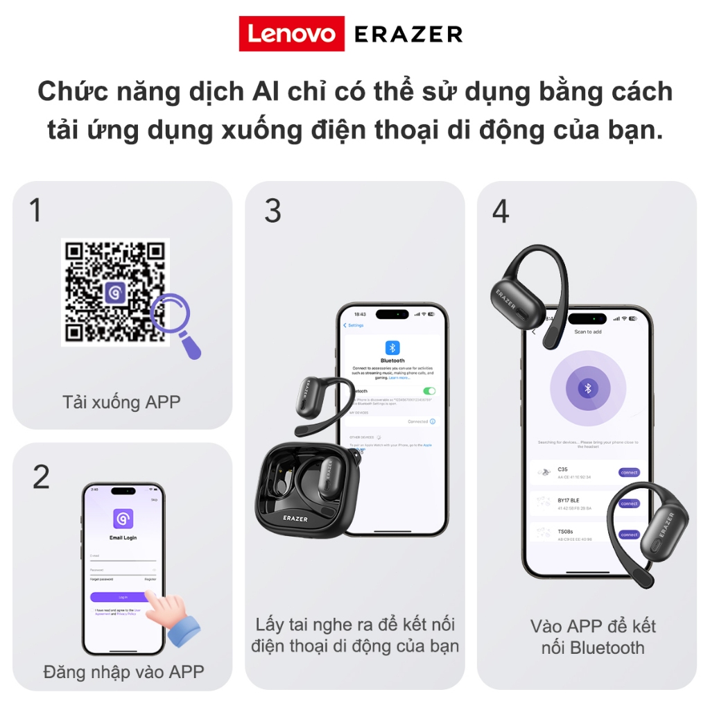 Tai nghe dịch thuật Lenovo ERAZER XF38 AI Tai nghe không dây LED Bluetooth 5.4 AI Tai nghe dịch thuật thời gian thực IPX7 Tai nghe nhét tai chống nước Chất lượng âm thanh HIFI | BigBuy360 - bigbuy360.vn