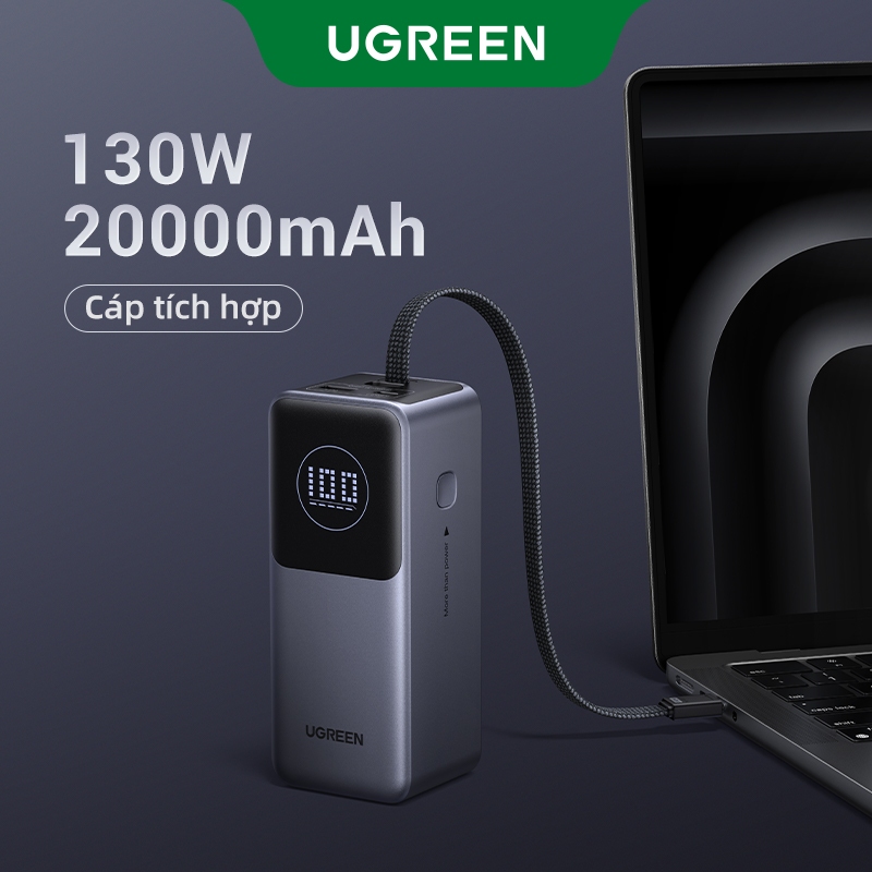UGREEN 20000mAh 130W Sạc nhanh Powerbank USB C Khối sạc 4 cổng Tương thích với MacBook Pro / Air, iPhone 16 / 15 / 14, iPad Pro, Galaxy S24 / S23, Pixel 8