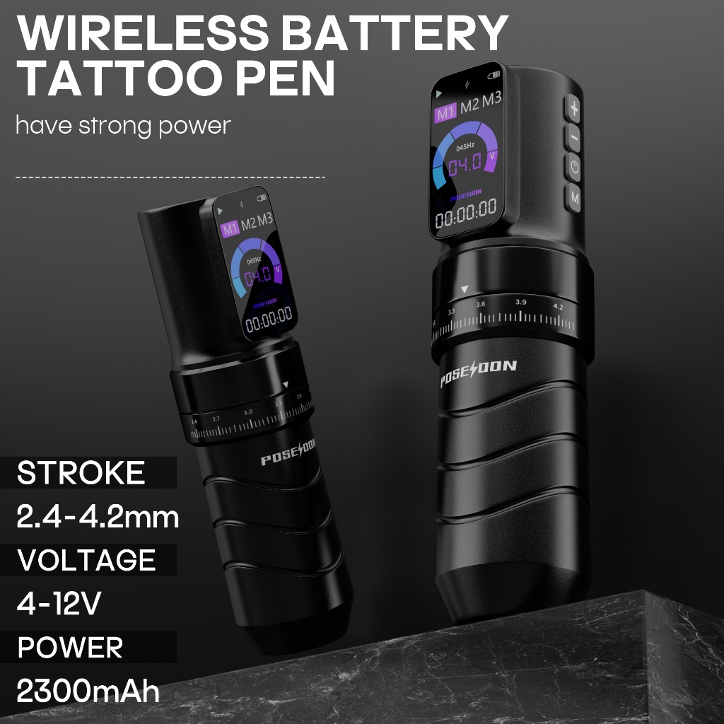 Máy xăm POSEIDON với công suất 2300mAh Nguồn điện không dây và đột quỵ có thể điều chỉnh, Màn hình LED kỹ thuật số Bút xăm Đồ dùng hình xăm cho nghệ sĩ