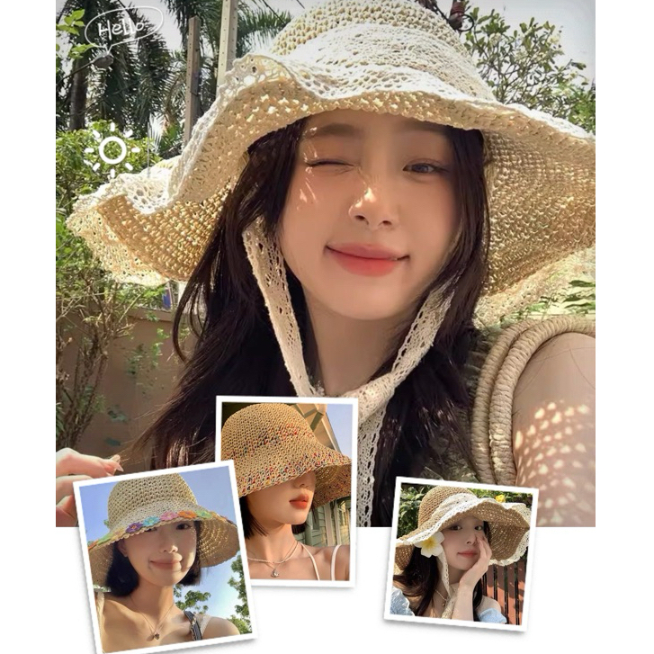 🎉sparkly🎉Mũ Cói Xinh Đi Biển Phong Cách Vintage Thêu Hoa Phối Ren Xinh Xắn Mũ nữ
