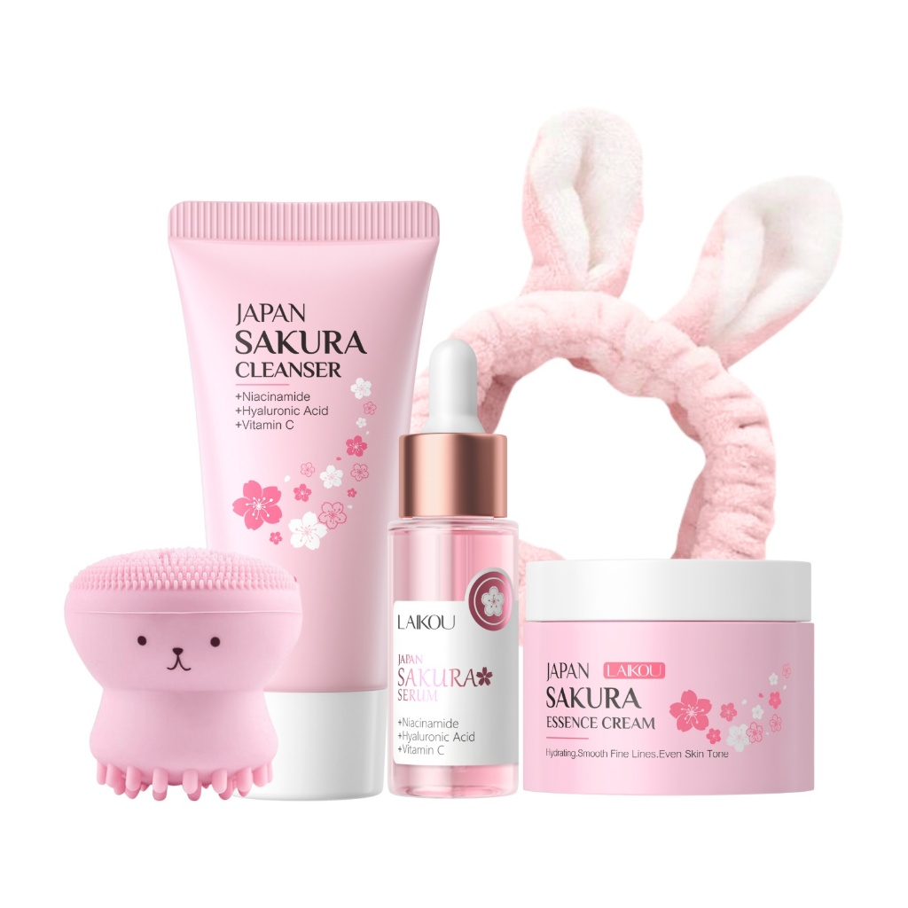 Set 5 món chăm sóc da laikou Nhật Bản chiết xuất hoa anh đào với tẩy trang 50g + tinh chất 17ml + kem dưỡng da 25g
