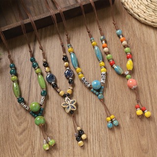 Vintage Phong Cách Dân Tộc Gốm Hạt Vòng Cổ Nhiều Màu Sắc Hoa Mặt Dây Chuyền Nữ Mới Trung Quốc Dây Xích Dài Phụ Kiện
