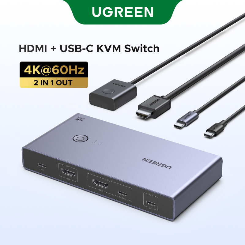 Công tắc tổng hợp UGREEN USB-C KVM 2 trong 1, Vỏ nhôm 4K @ 60Hz USB 3.0 PD 100W, Đầu vào: USB-C + HD