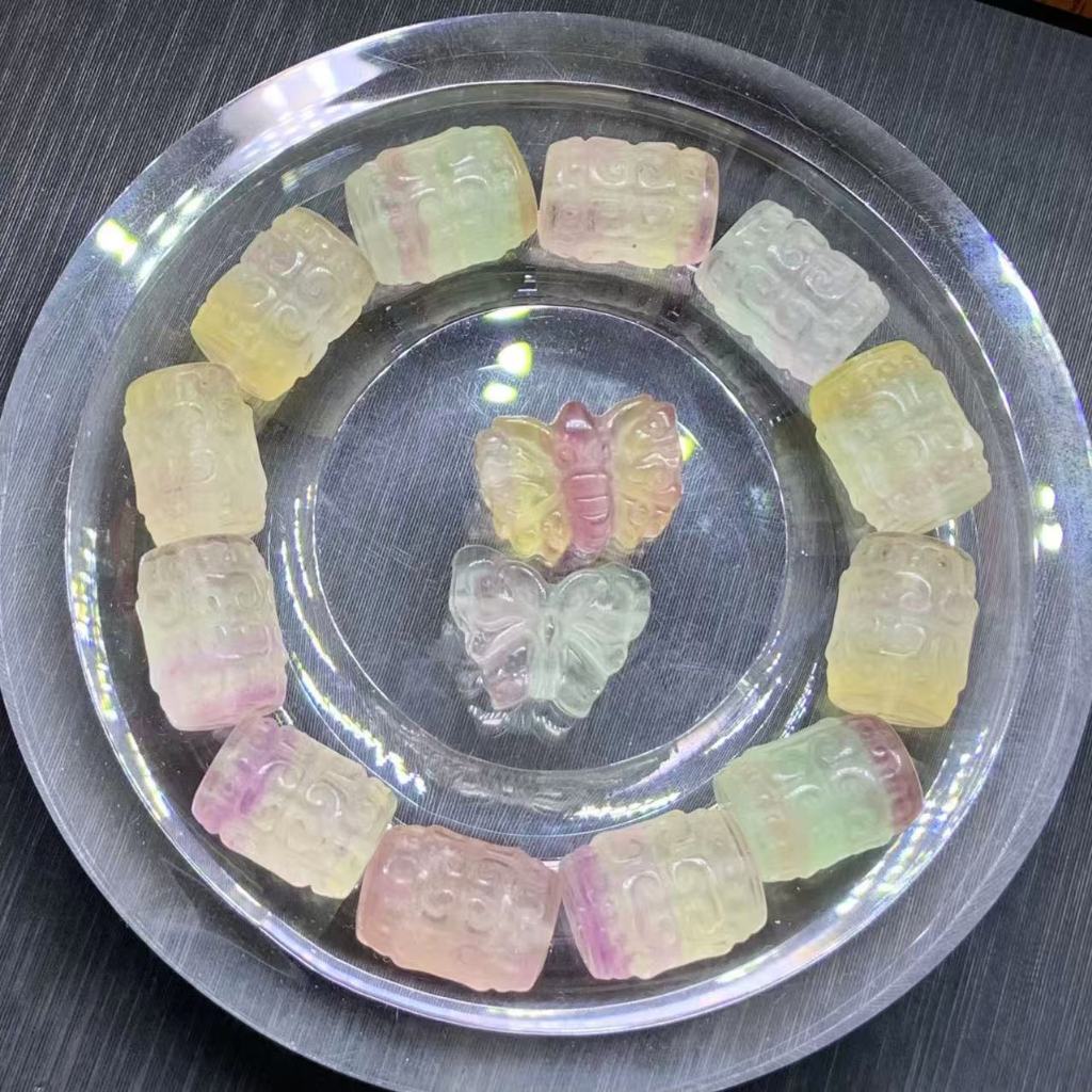 Fluorite Giấy Fluorite Hạt Thùng + Fluorite Bướm-Fluoroite Dễ Thương Thú Cưng Khắc Mảnh Phụ Kiện Mặt