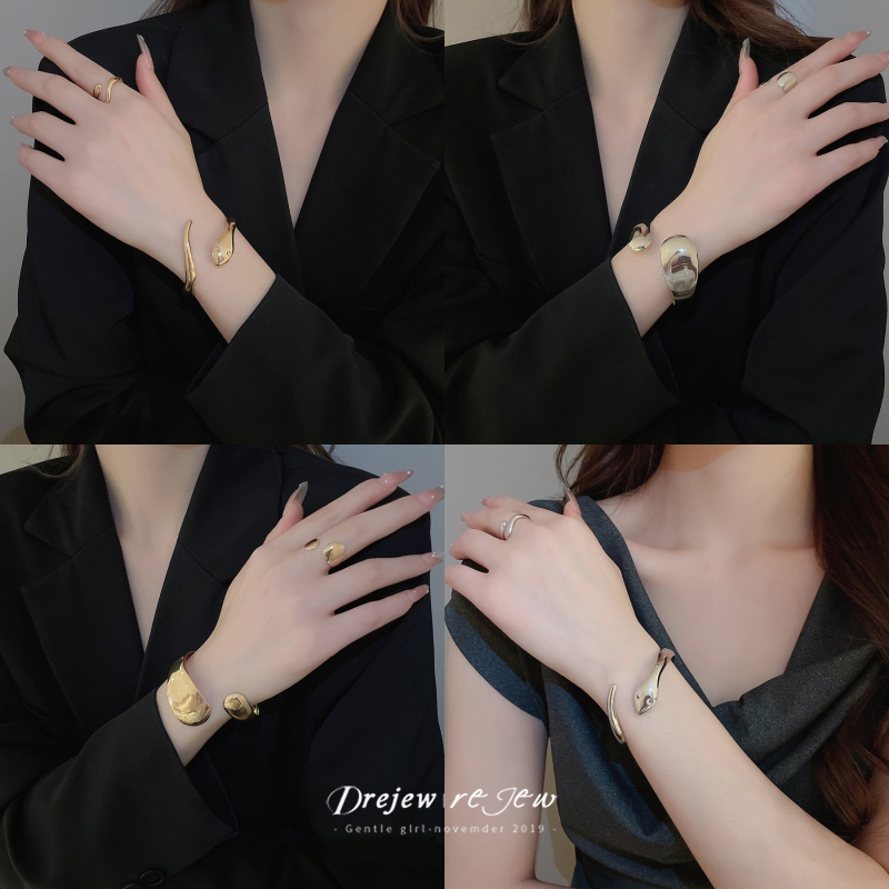 DREZEW Vòng tay mở hình bầu dục bóng kim loại châu Âu và Mỹ cá tính đa năng nhẹ sang trọng trang sức tay cao cấp