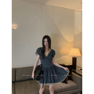 Honypove Đầm Denim Tay Ngắn Phong Cách Retro Thời Trang Mùa Hè Mới Dành Cho Nữ