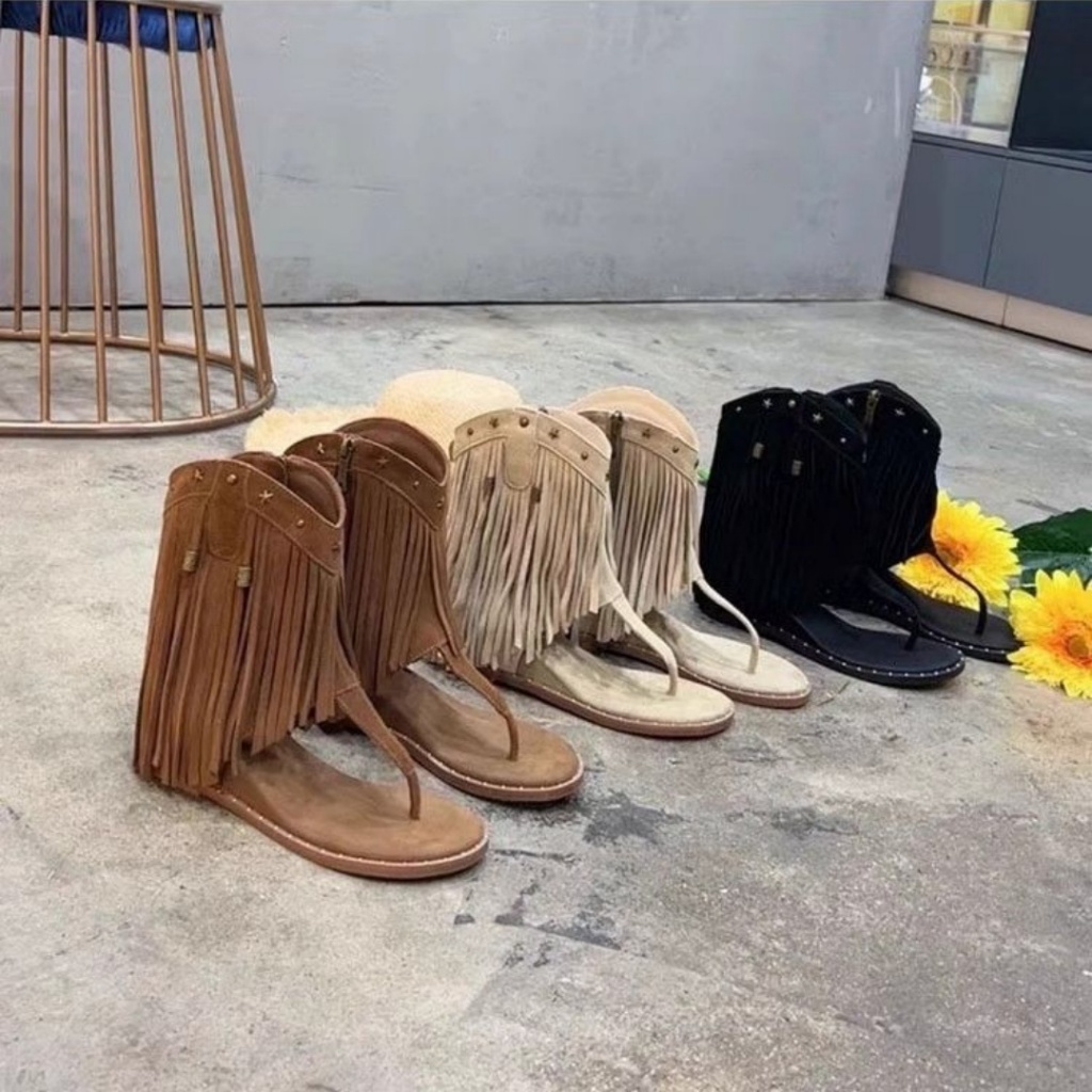 La Mã Mùa Hè Đế Dày Đinh Tán Tua Rua Sandal Nữ 2025 Năm Nay Phong Cách Mới Nêm Gót Lật-Toe Bohemian 
