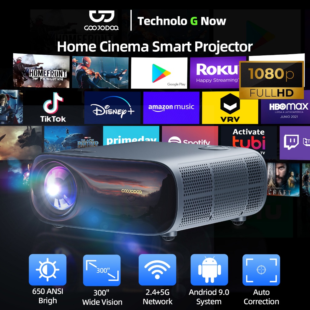 Máy chiếu GOOJODOQ 1080P Native 22000LM Hỗ trợ HDR10 4K 5G Máy chiếu rạp hát tại nhà Tự động hiệu chỉnh Lật hình ảnh 360°