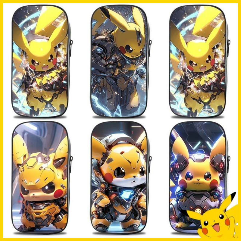 Pokemon  Pencil Case Mech Pikachu Canvas Pencil Box Large Capacity Three Layer Stationery Storage Ba