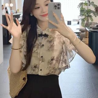 Nữ Phong Cách Mới Tranh Mực In Hình Tay Bay Ngắn Voan Áo Sơ Mi Mùa Hè Cổ Tròn Rời Phù Hợp với Retro Top quần áo nữ