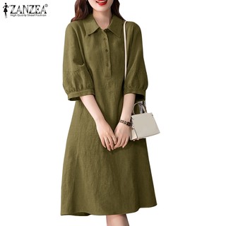 Zanzea Nữ Áo Sơ Mi Hàn Quốc Cổ Ba Phần Tư Tay Nút Váy Rời
