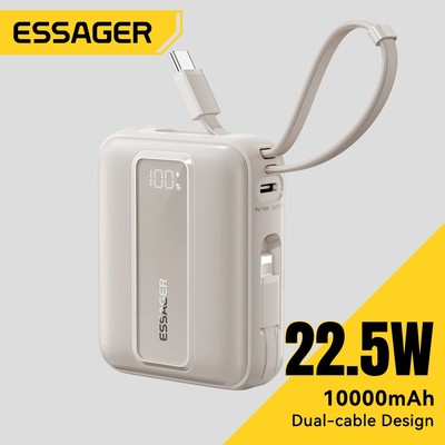 Essager 22.5W Mini Powerbank 10000 / 20000mAh Sạc siêu nhanh Powe Bank tích hợp cáp kép Type-C + L