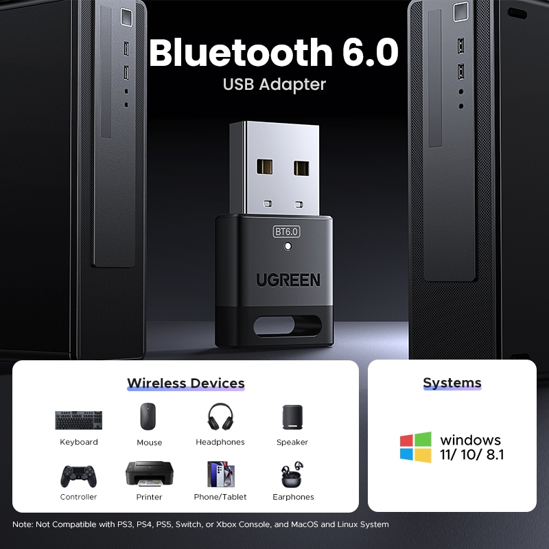 Bộ chuyển đổi Bluetooth USB UGREEN, 6.0 Dongle cho PC, Plug & Play cho Windows 11 / 10 / 8.1, Bộ thu và phát Bluetooth cho chuột | BigBuy360 - bigbuy360.vn