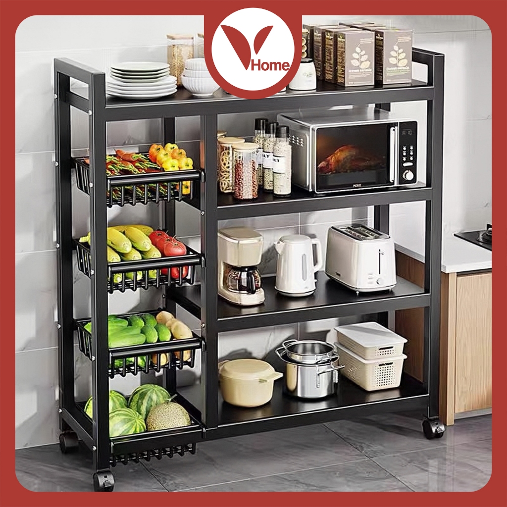 Vhome Giá đỡ lò vi sóng mô hình mới nhất Giá đựng rau củ đa chức năng Giỏ rau củ 【Có ròng rọc】