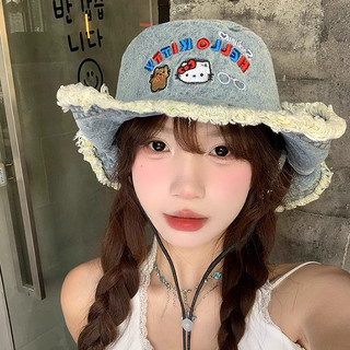Hoạt Hình Dễ Thương Nón Xô Nữ Mùa Hè Rửa Đau Khổ Frayed Cowboy Đi Bộ Đường Dài Mũ Lớn Vành Che Nắng