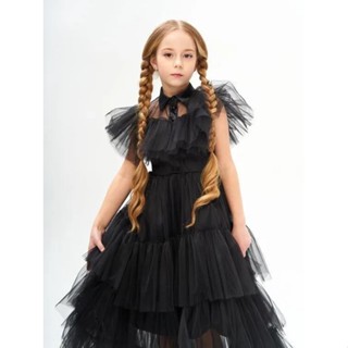  Váy nhập vai bé gái không tay Váy lưới ngàn lớp Váy bé gái màu đen Gothic Đầm dự tiệc Halloween 