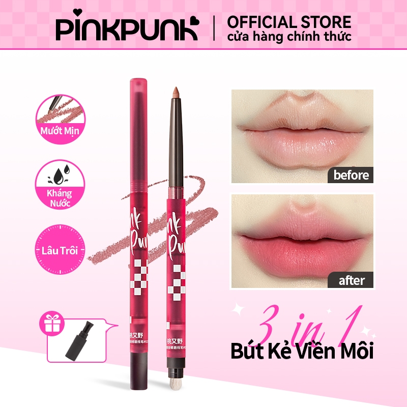 PinkPunk Chì Kẻ Viền Môi Lip Liner Bút kẻ Bọng Mắt Sáp Kết Cấu Căng Mọng 0.25g Tặng Kèm Cọ Son