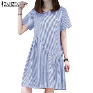 Zanzea Váy ngắn tay in sọc cổ tròn thông thường Hàn Quốc dành cho nữ