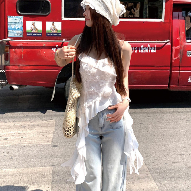 Hợp thời trang ren spaghetti top bohemian phong cách mùa hè trắng camisole xù bất đối xứng top với h