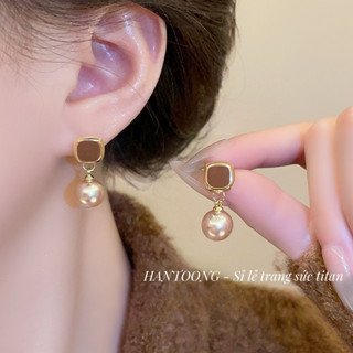 Bông tai titan nữ không gỉ mạ vàng 18k thiết kế ngọc trai nhân tạo thời trang sang trọng