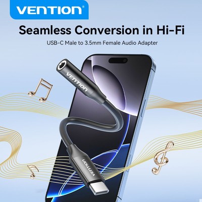 Vention USB Type C sang 3.5mm DAC Chip Bộ chuyển đổi tai nghe USB C sang 3.5 Cáp Aux cho PC cho Macbook Air Pro Samsung Galaxy Google Pixel