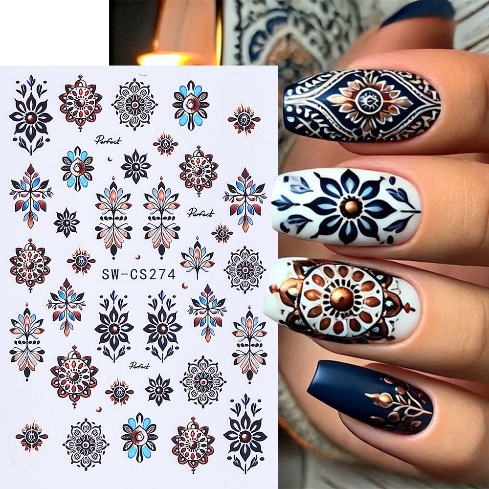 1pc Miếng dán móng 3D hoa phong cách Bohemian, họa tiết lông vũ cổ điển, thiết kế nail totem
