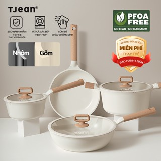  TJean Bộ nồi đá gốm chống dính tay chảo  7 chiếc  Thích hợp cho tất cả các bếp - Chảo nướng   Chảo   Nồi súp   Chảo sốt 