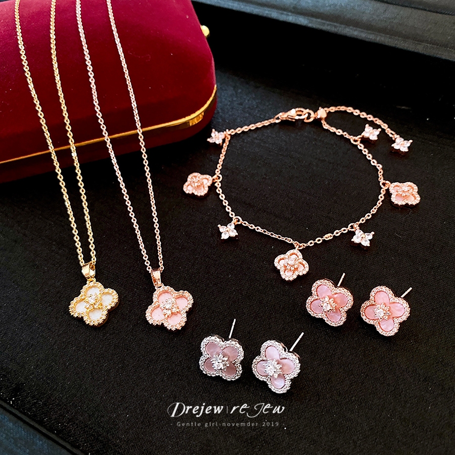 DREJEW Bộ bông tai vòng cổ hoa bốn lá zircon đơn giản Hàn Quốc