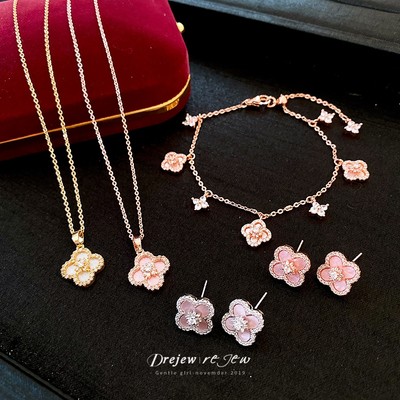 DREJEW Bộ bông tai vòng cổ hoa bốn lá zircon đơn giản Hàn Quốc