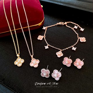 DREJEW Bộ bông tai vòng cổ hoa bốn lá zircon đơn giản Hàn Quốc