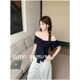 Áo thun ngắn tay cổ chữ V chắp vá ren phong cách Pháp dành cho nữ mùa hè mới - ngọt ngào, cá tính ôm vừa vặn và cao cấp