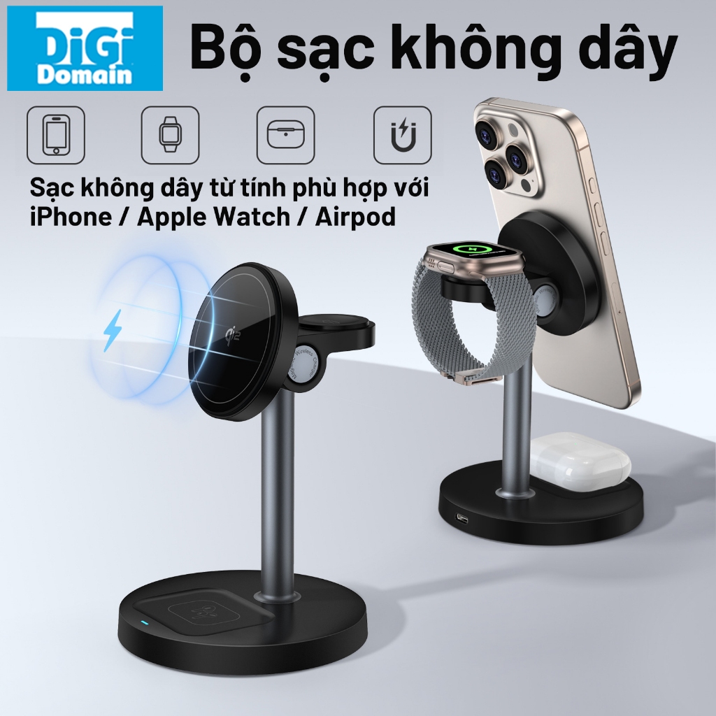 Đế sạc không dây từ tính sạc nhanh 3 trong 1 Thích hợp cho iPhone 17 16 15 14 pro max / iWatch 10 9 8 Ultra / AirPods 3 2 series S11