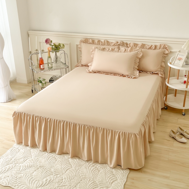 Korean Bed Skirt Washed Cotton Flower Patchwork Single/Queen/King Saiz Katil Double-Layer Lace Trim