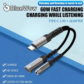Bộ chuyển đổi 2 trong 1 BlueWow Jack âm thanh Type-C sang 3,5mm + Sạc Type-C Nghe và sạc đồng thời di động và bền bỉ