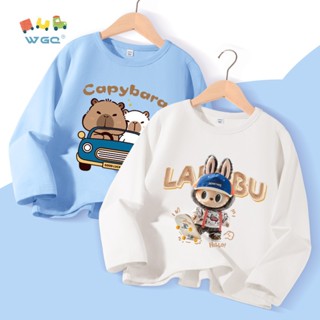Áo thun dài tay bé trai, vải Cotton nguyên chất mềm mại thoải mái thoáng khí thấm mồ hôi, có labubu và capybara