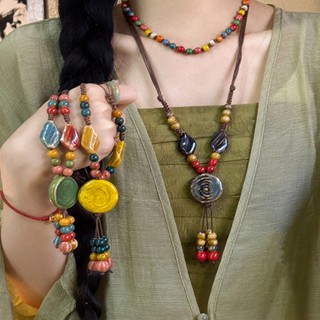 Mùa Hè Dopamine Màu Tròn Đĩa Gốm Hạt Vòng Cổ Nữ Mới Phong Cách Dân Tộc Trung Quốc Dài Dây Xích Phụ Kiện