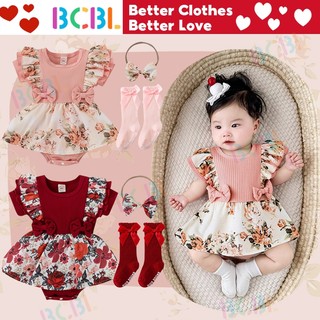  Bộ đầm jumpsuit BCBL nhún bèo in họa tiết hoa kèm băng đô thời trang xinh xắn cho bé gái 